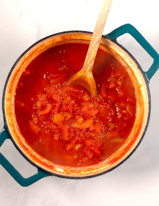 Top view of a large pot with the finished Southern Stewed Tomatoes.