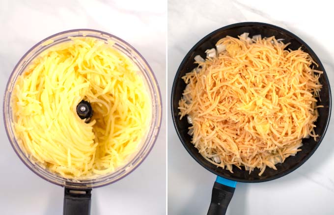 Step-by-step picture showing shredding of potatoes and pre-frying them with onions.