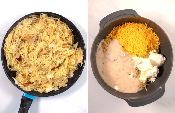 Step-by-step guide showing how pre-cooked hash brown potatoes are mixed with cream of mushroom soup, sour cream, and cheddar cheese.