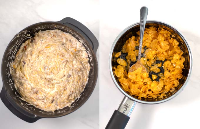 Side-by-side view of the mixture of Texas Potatoes Casserole and a skillet with cornflakes topping.