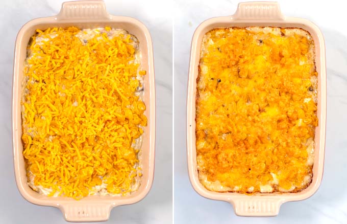 Before and after baking views of the Texas Potatoes Casserole.