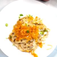 Closeup on a serving of Texas Potatoes Casserole.