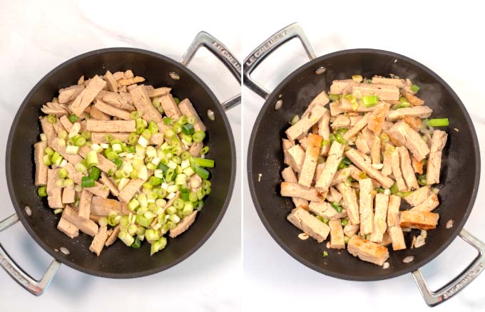 Side-by-side view of a pan with vegan chicken stripes and green onions.
