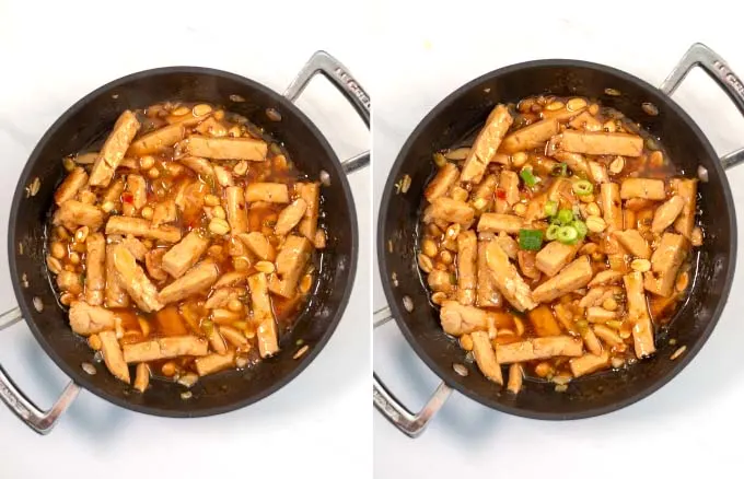 Top view of a frying pan with the Thai Chicken.