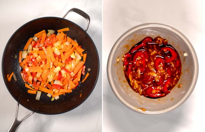Step-by-step guide showing frying of vegetables and preparation of stir-fry sauce.