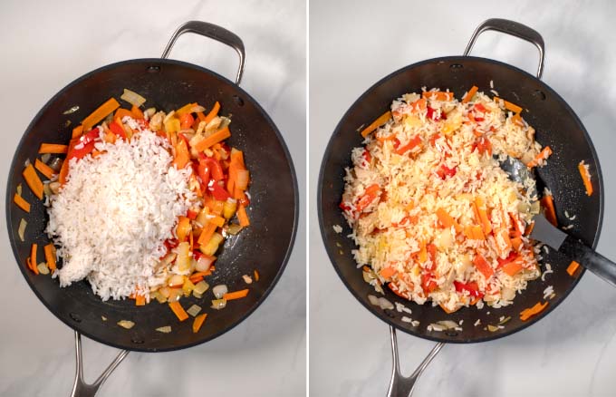 Step-by-step pictures showing mixing of rice with fried vegetables.
