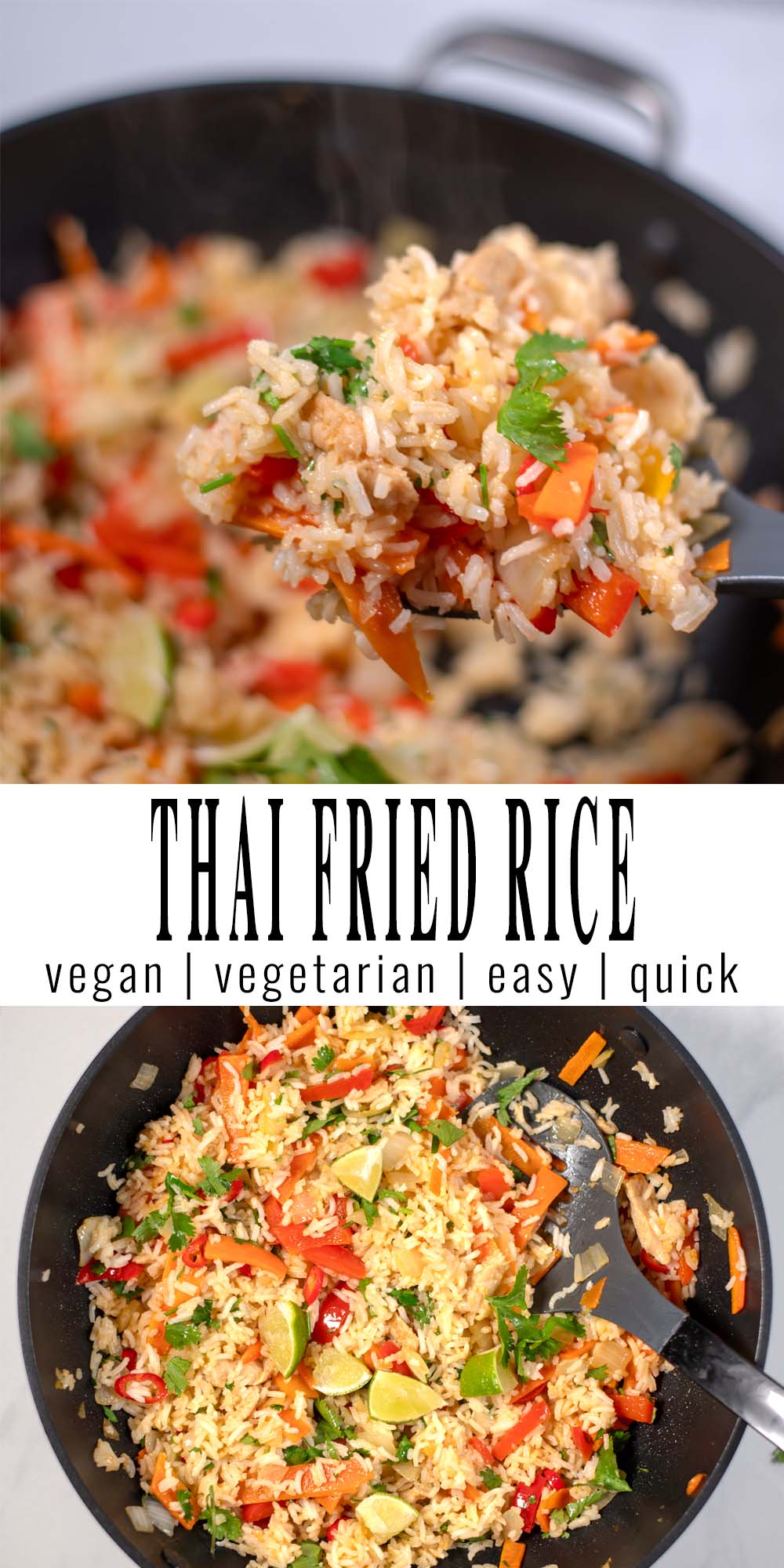 Collage of two pictures showing Thai Fried Rice with recipe title text.