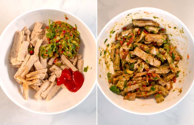 Step-by-step pictures showing how vegan chicken is marinated.