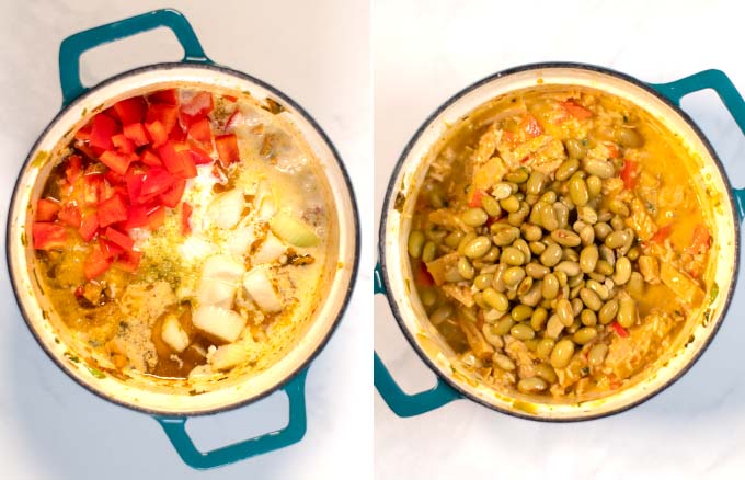 Step-by-step pictures showing how rice, vegetables is cooked, then green pigeon peas are added.