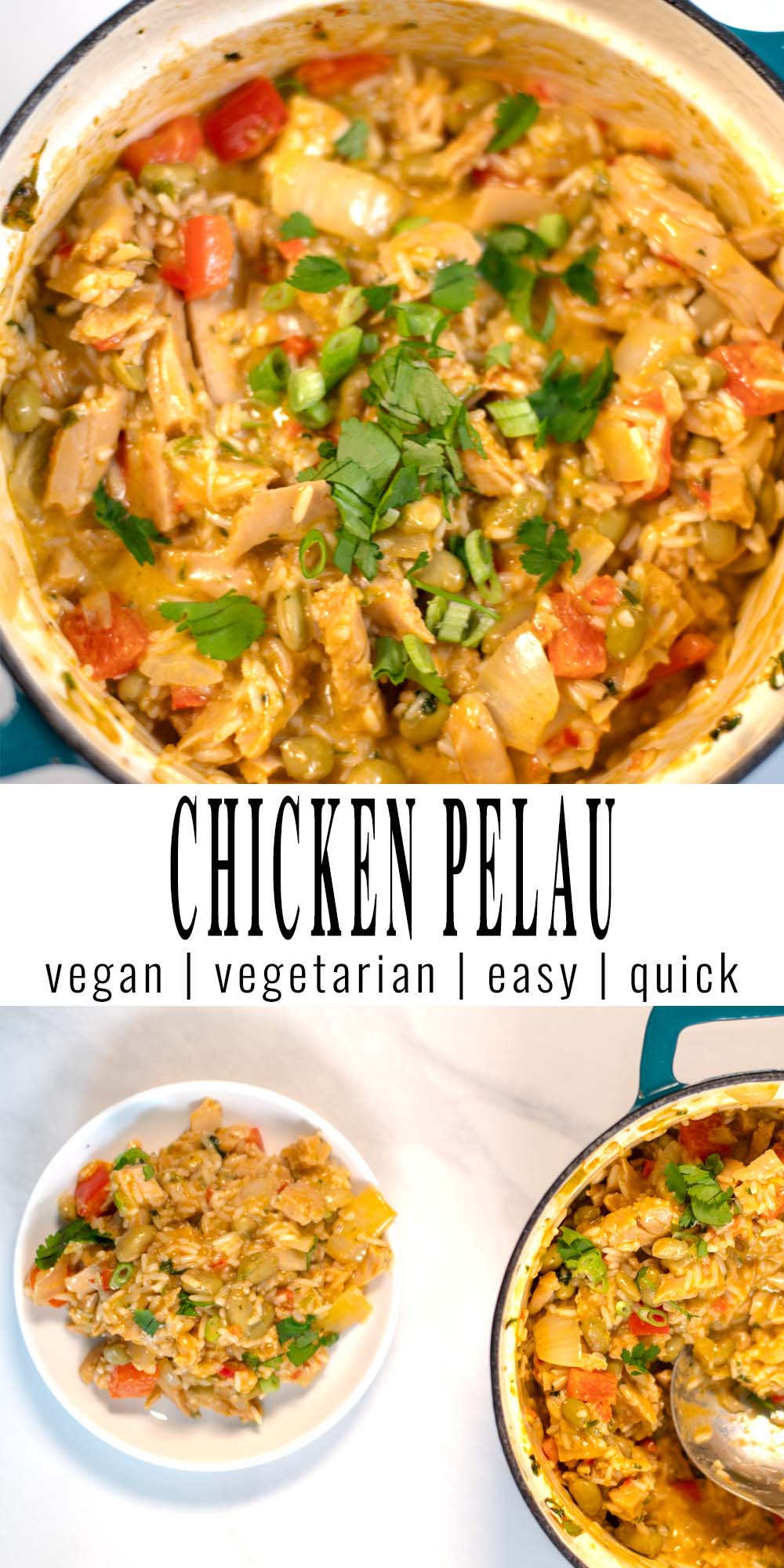 Collage of two photos of Chicken Pelau with recipe title text.