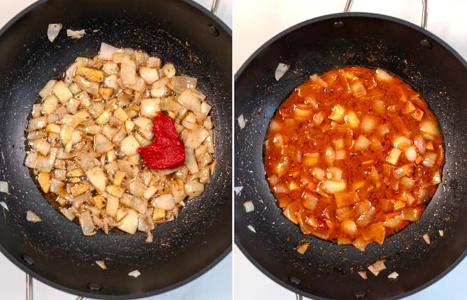 Tomato paste is mixed with water and given to sautéed onions.