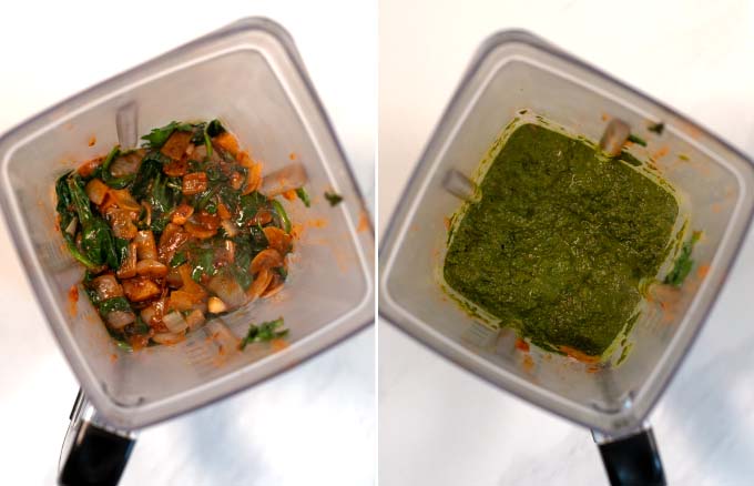 Before and after view of the bowl of a blender with spinach paste.