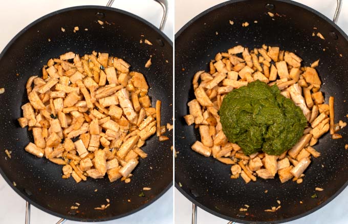 Vegan chicken is fried and then mixed with spinach puree. 