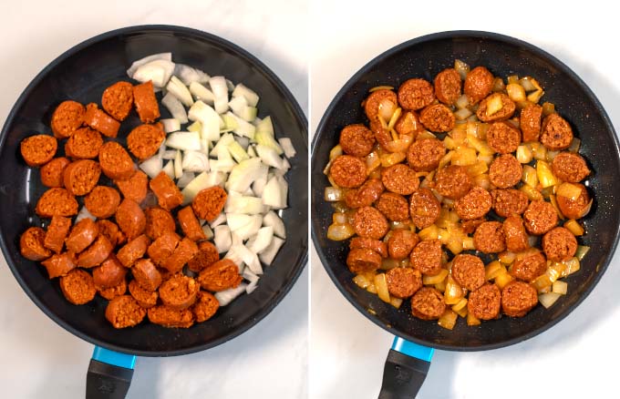 Step-by-step pictures of frying chorizo with onions.