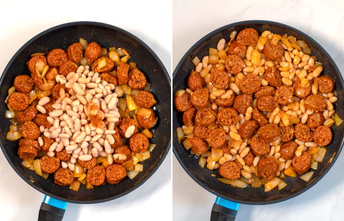 Step-by-step guide showing how white beans are added to cooked chorizo and onion mixture.