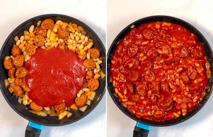 Diced tomatoes are given to the pan with chorizo, white beans, and onions.