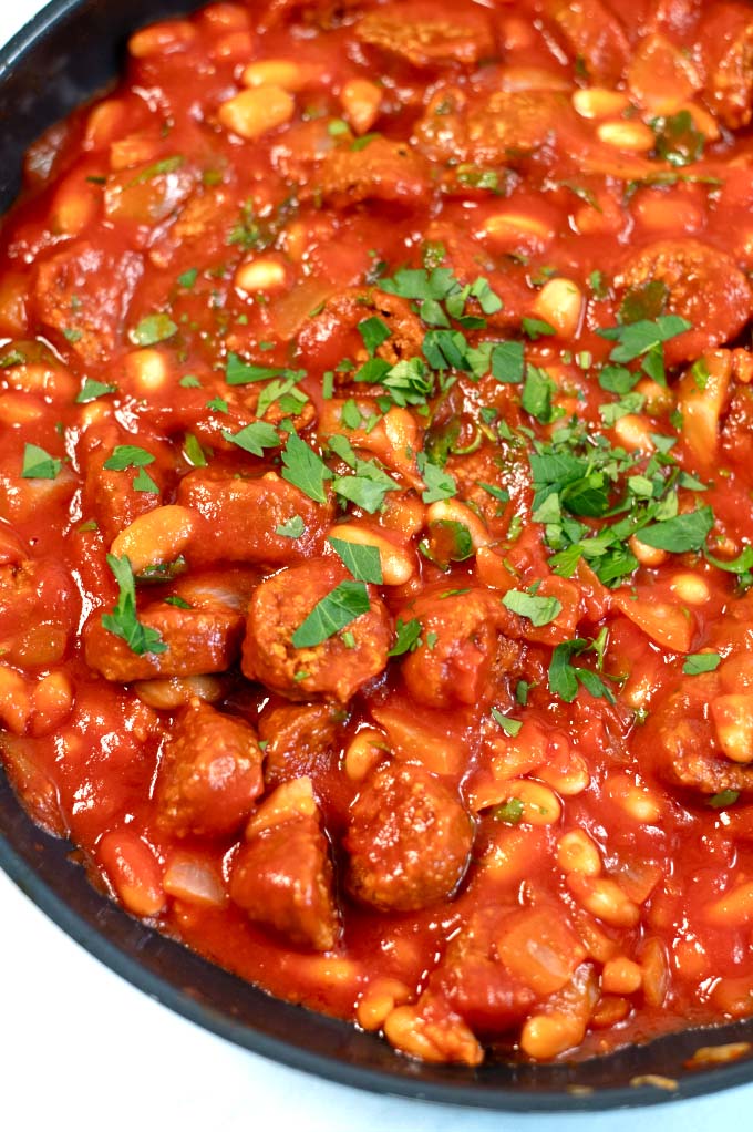 Zoom into the parsley topping of Chorizo Casserole.