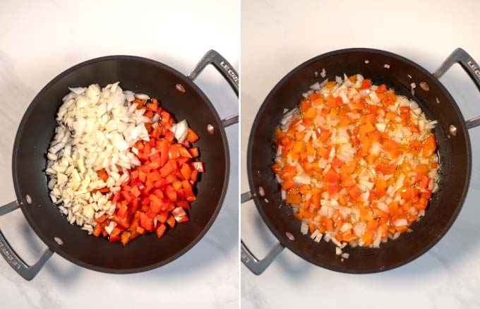 Step-by-step photos showing how onions and bell pepper are sautéed.