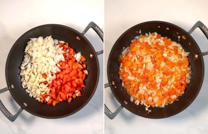 Step-by-step photos showing how onions and bell pepper are sautéed.