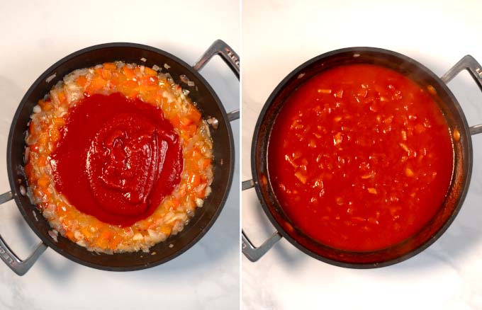 Step-by-step photos showing the addition of crushed tomatoes to the sauce.