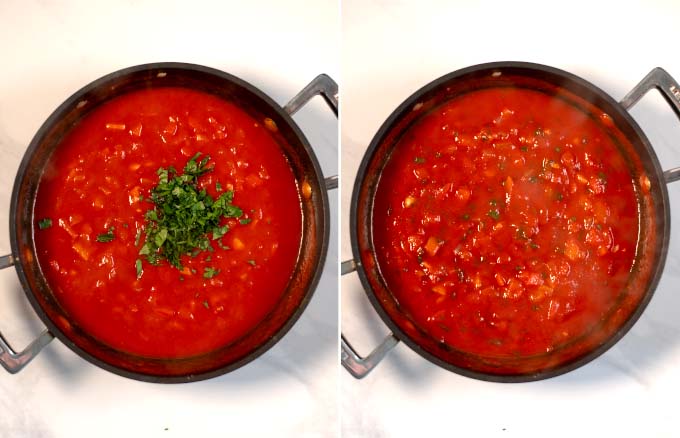 Fresh herbs are mixed into the Diavolo Sauce.