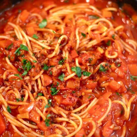 Closeup of spaghetti served with Diavolo Sauce.