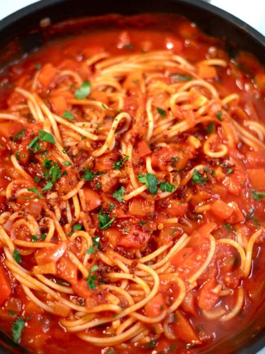 Closeup of spaghetti served with Diavolo Sauce.