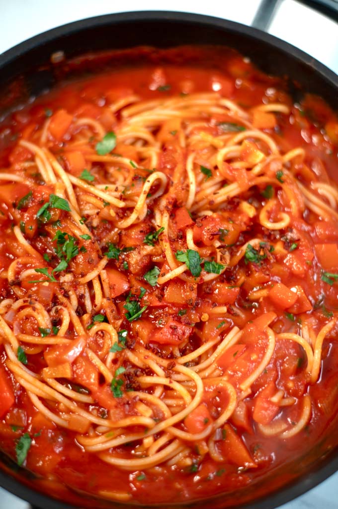 Closeup of spaghetti served with Diavolo Sauce.