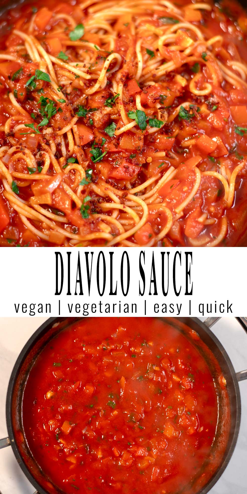 Collage of two photos of Diavolo Sauce with recipe title text.
