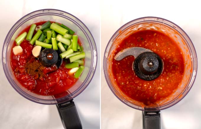 Step-by-step pictures showing how Empanada Sauce is made with a food processor.