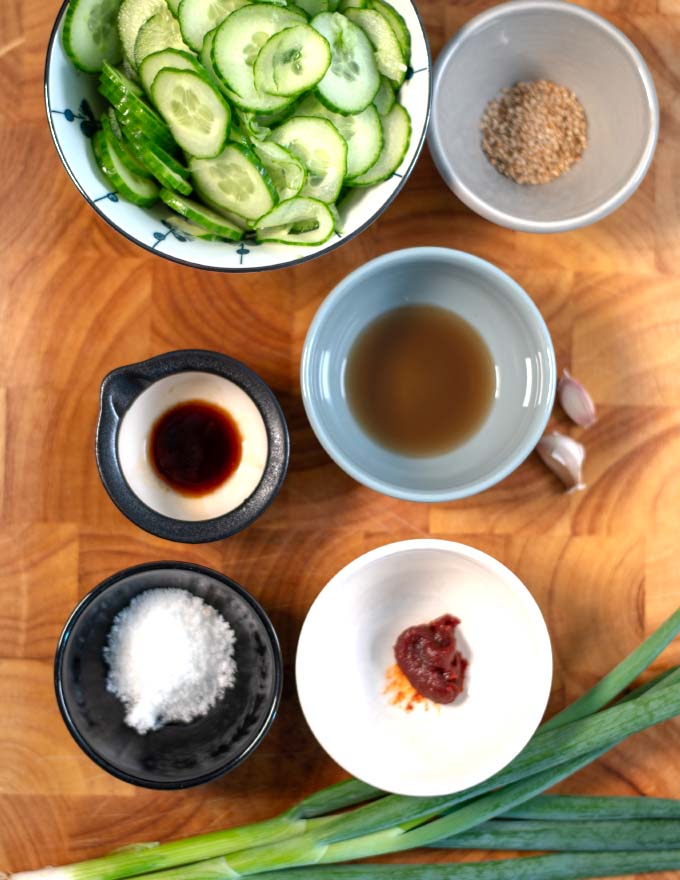 Ingredients needed to make Korean Spicy Cucumbers.