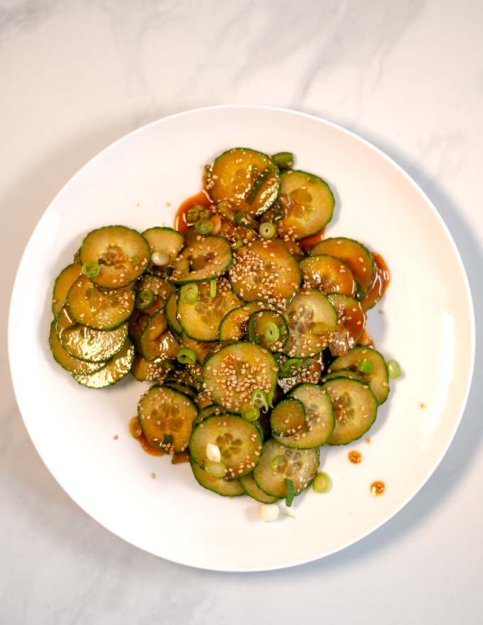 Top view of a serving of Spicy Korean cucumber Salad.