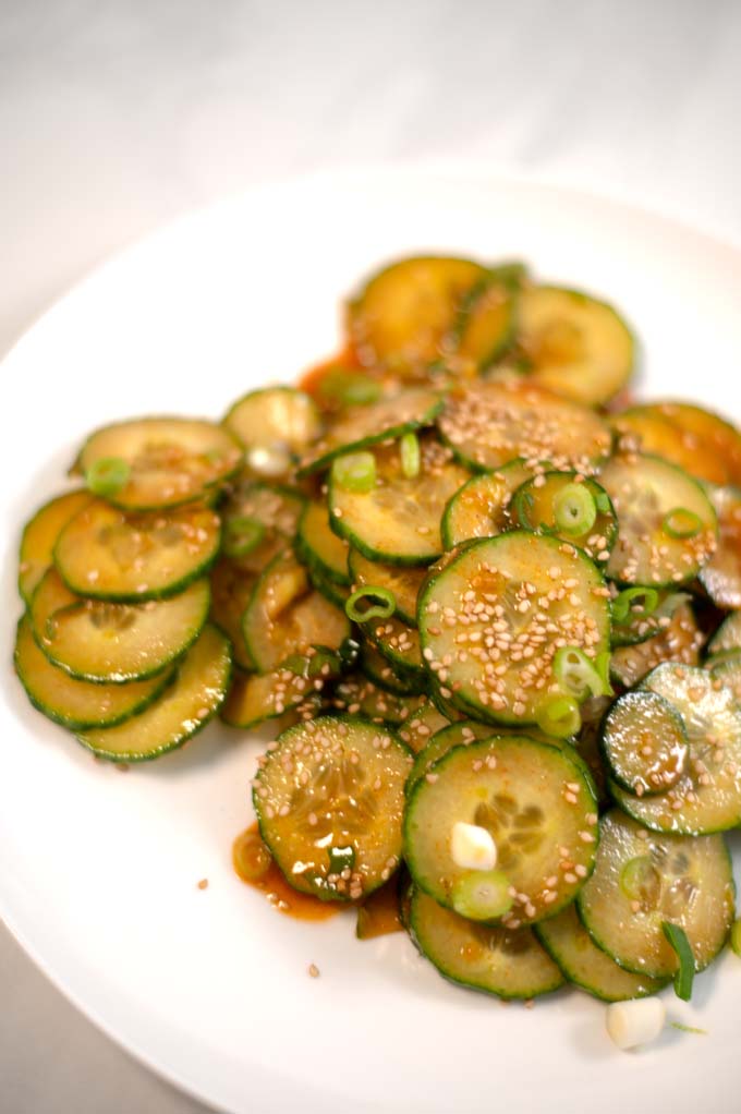 Closeup on the spicy Korean cucumbers.