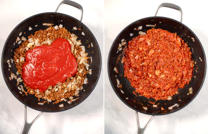 Step-by-step guide showing the preparation of the tomato meat sauce.