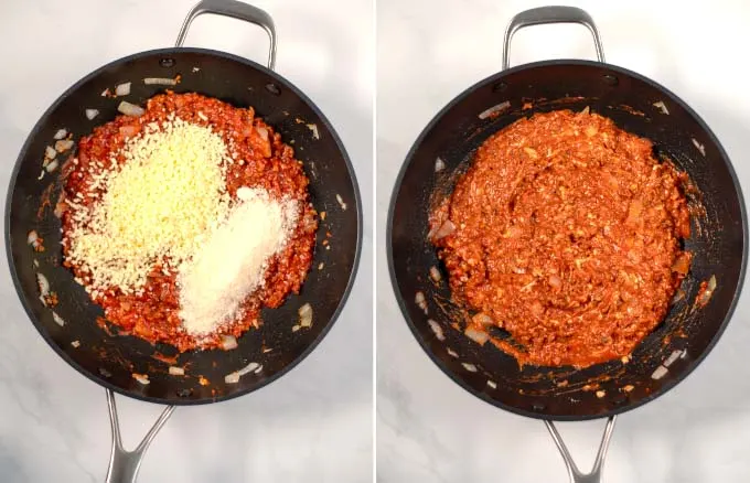 Step-by-step guide showing how to add cheese to the sauce.