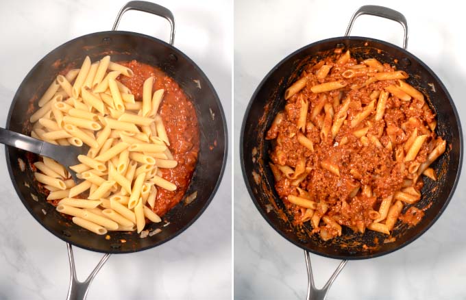 Step-by-step guide showing how pasta is mixed with there sauce. 