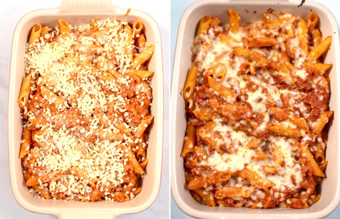 Casserole dish with Lasagna Casserole before and after baking.