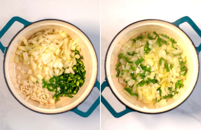 Step-by-step photos showing sauteeing of onions, jalapenos, and garlic.