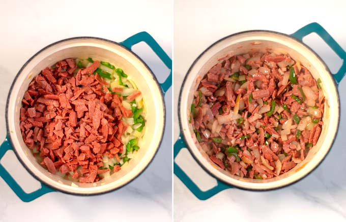 Step-by-step photos showing added vegan bacon.