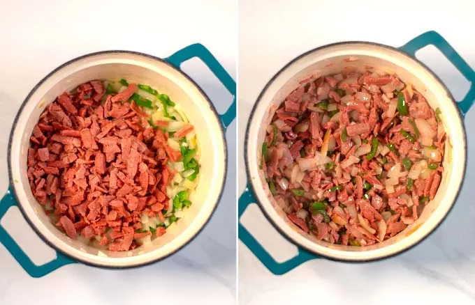 Step-by-step photos showing added vegan bacon.