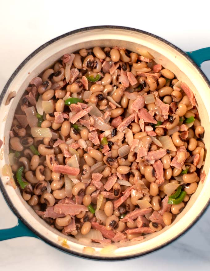 Top view of a large pot with Southern Black-Eyed Peas.