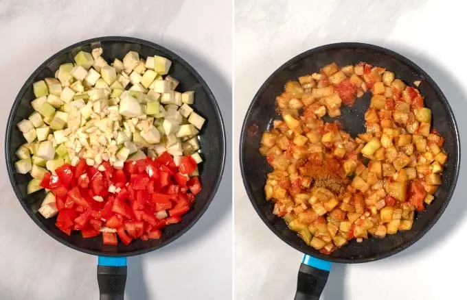 Step-by-step picture showing to roasting of eggplant cubes, tomato cubes and garlic.