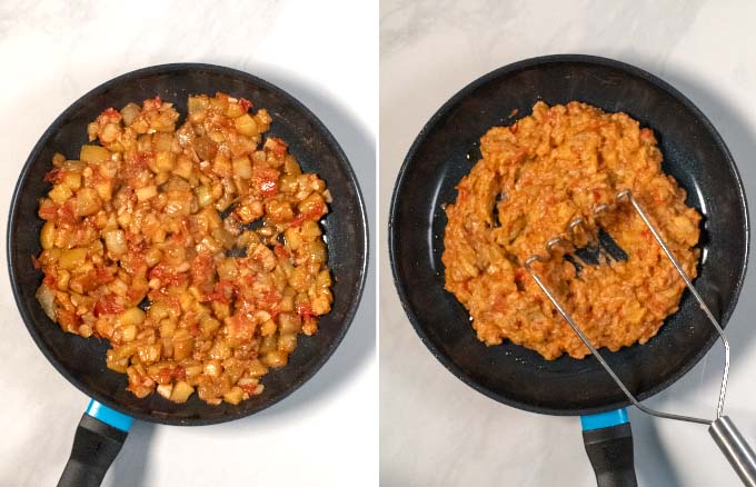 Step-by-step picture showing how to mash the eggplant and tomato dip.
