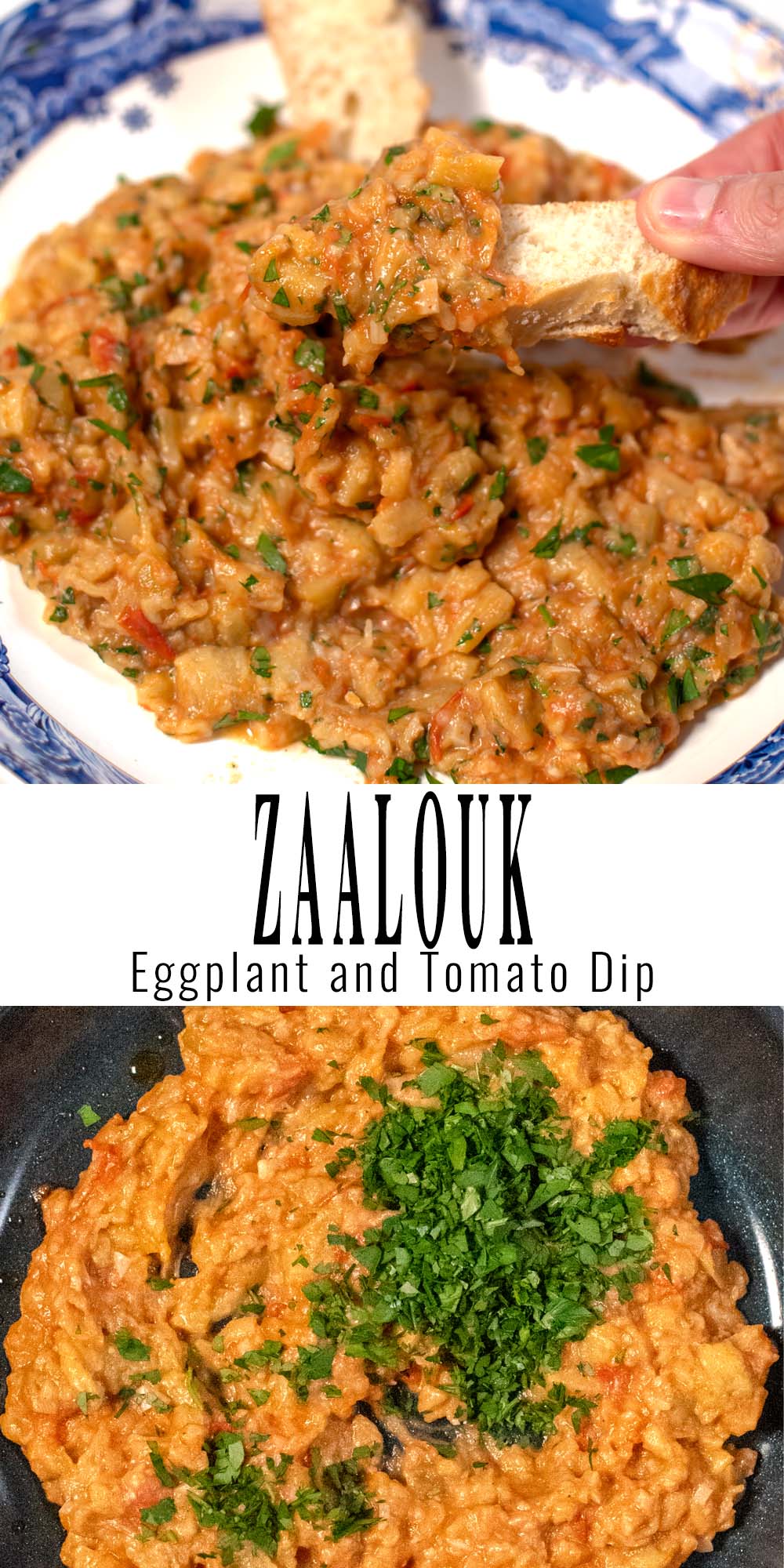 Collage of two photos of Zaalouk with recipe title text.