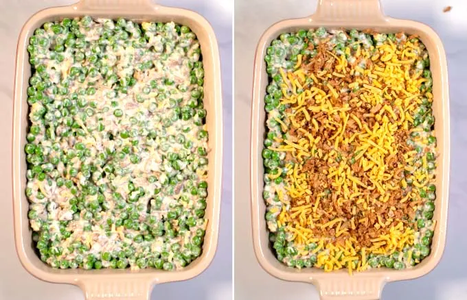 Side-by-side view of a casserole dish without and with the topping.