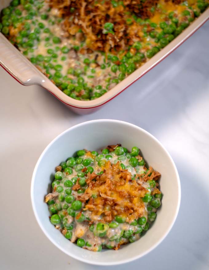 Closeup of a serving of Sweet Peas Casserole.