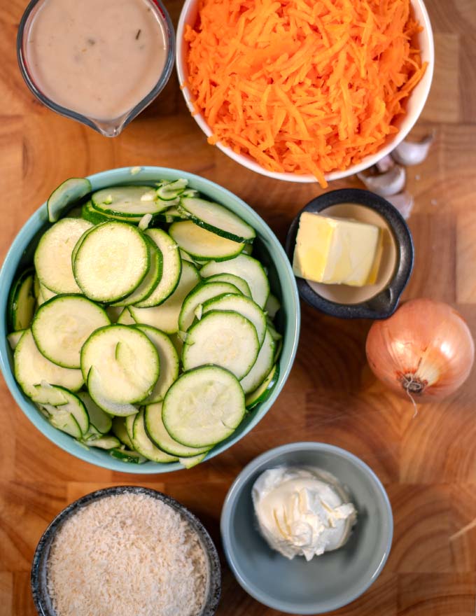 Ingredients needed for making Zucchini Stuffing Casserole.