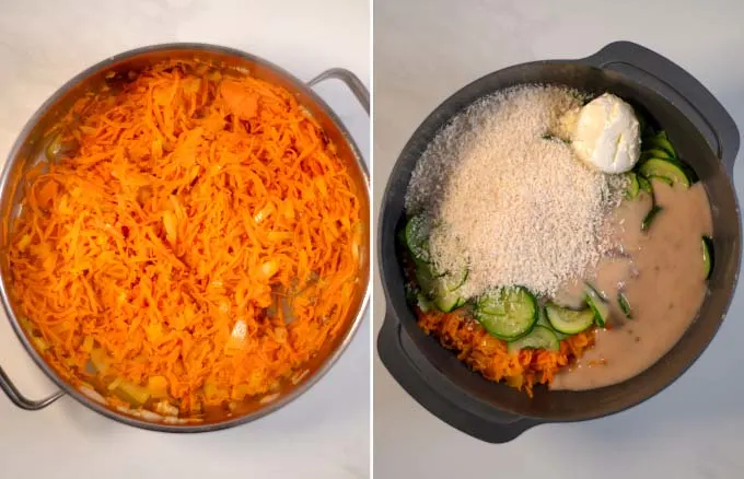 Onion and carrots are fried in butter, then mixed with all other ingredients in a large mixing bowl.