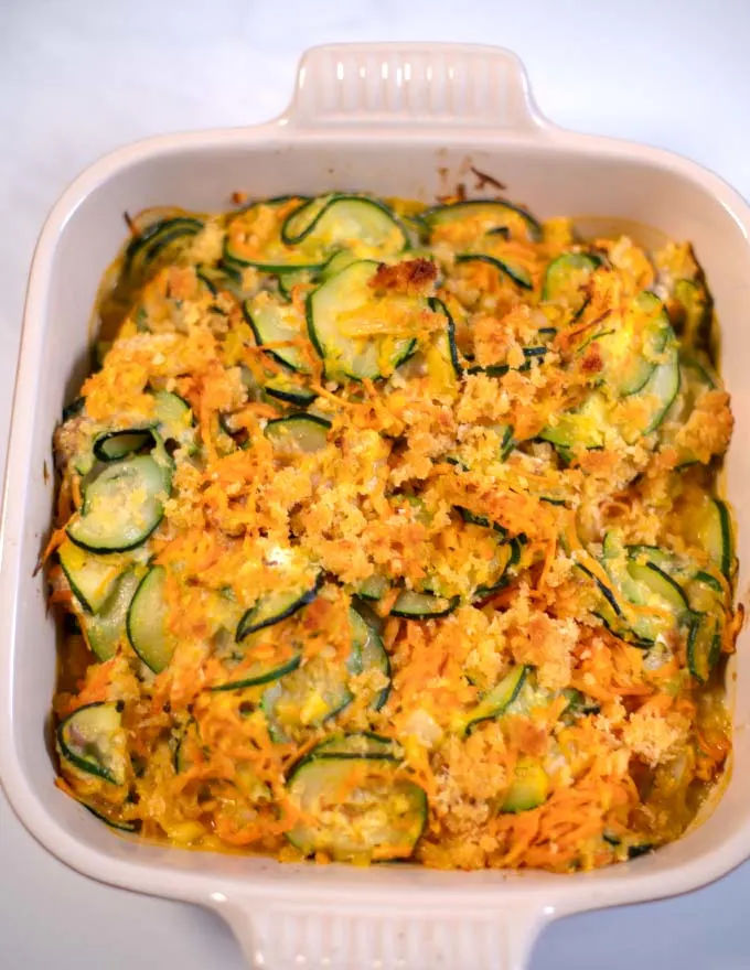 Baked Zucchini Stuffing Casserole with crunchy topping.