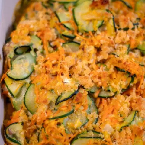 Closeup on Zucchini Stuffing Casserole.